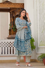 Blue Checkerd Print Zari Work Pure Cotton Kurta Set