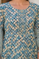 Blue Checkerd Print Zari Work Pure Cotton Kurta Set