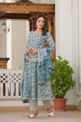 Blue Checkerd Print Zari Work Pure Cotton Kurta Set