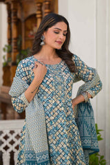 Blue Checkerd Print Zari Work Pure Cotton Kurti Set