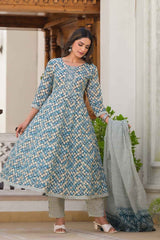 Blue Checkerd Print Zari Work Pure Cotton Kurti Set