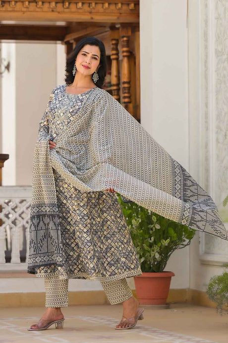 Grey Checkerd Print Zari Work Pure Cotton Kurta Set