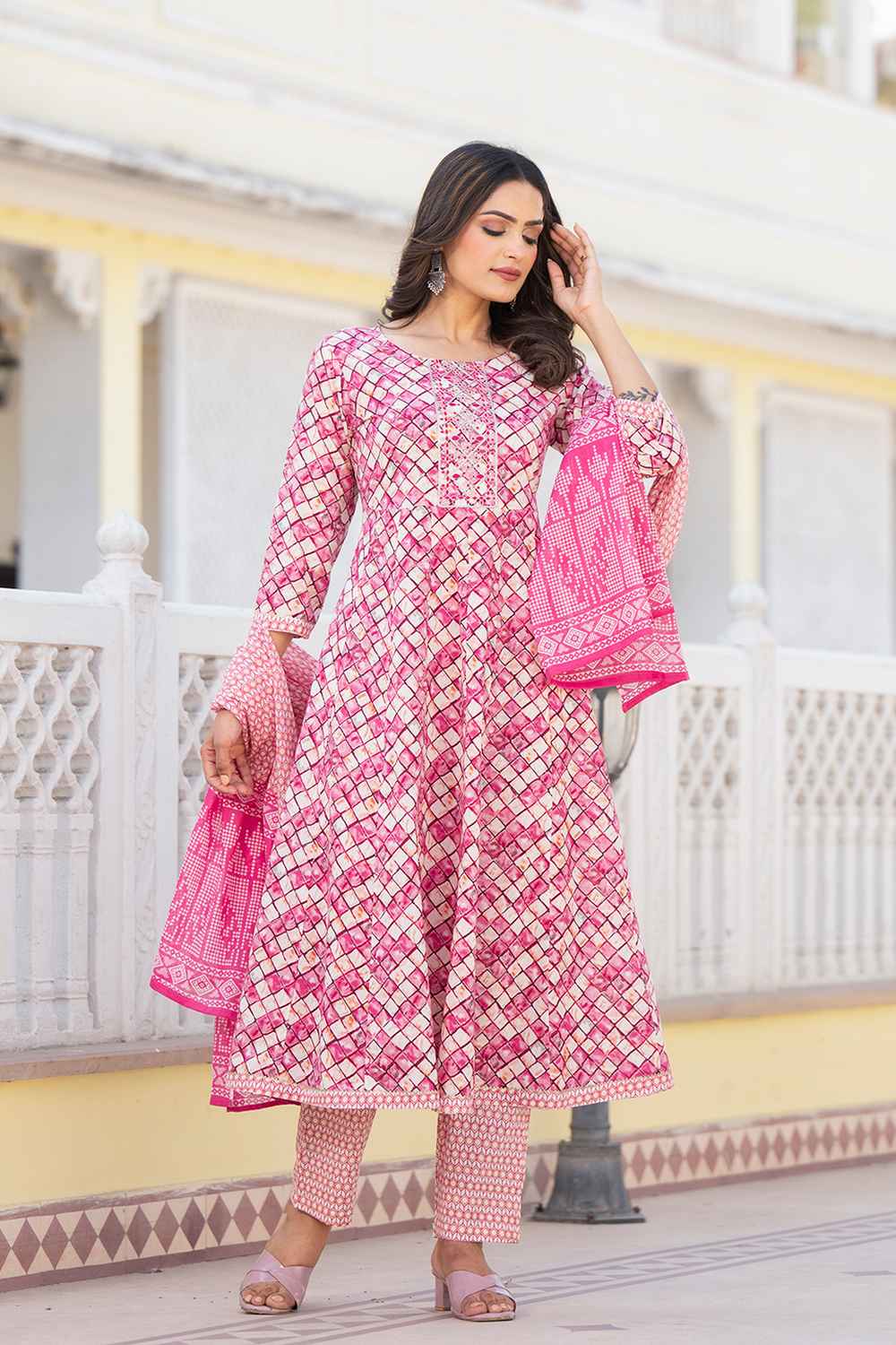 Violet Checkerd Print Zari Work Pure Cotton Kurti Set