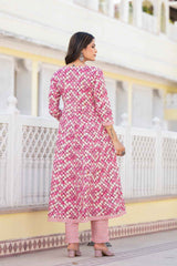 Violet Checkerd Print Zari Work Pure Cotton Kurta Set