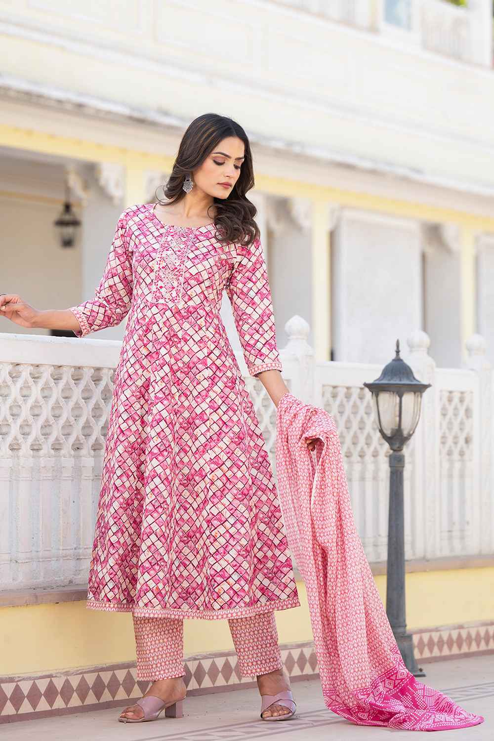 Violet Checkerd Print Zari Work Pure Cotton Kurta Set