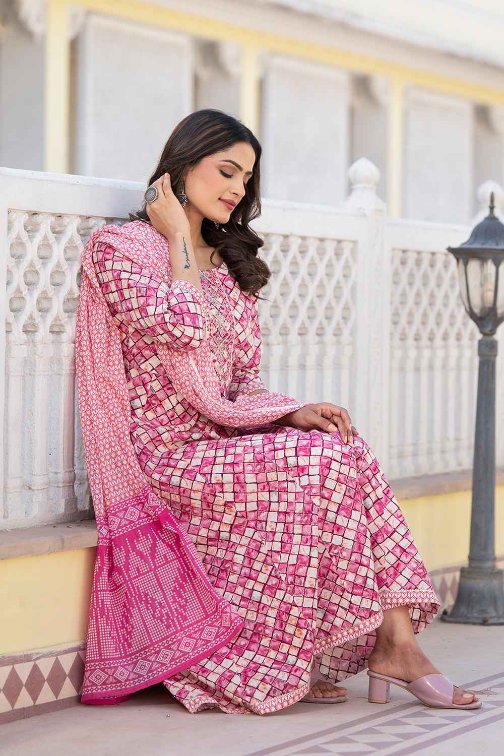 Violet Checkerd Print Zari Work Pure Cotton Kurta Set