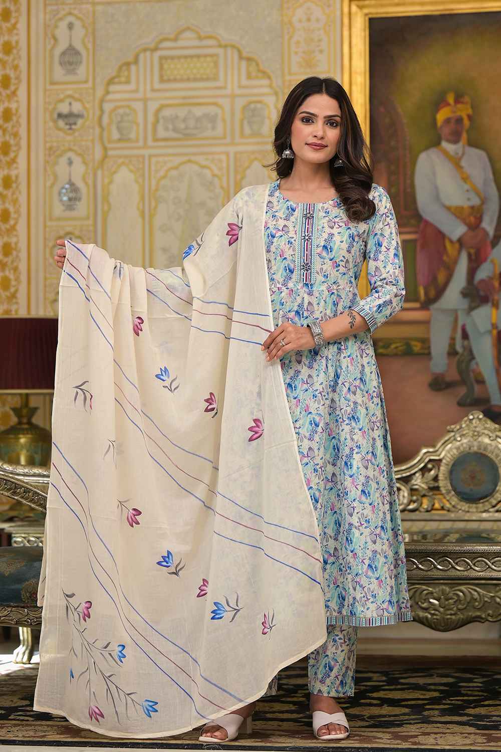 Blue Geometric Print Zari Work Pure Cotton Kurta Set