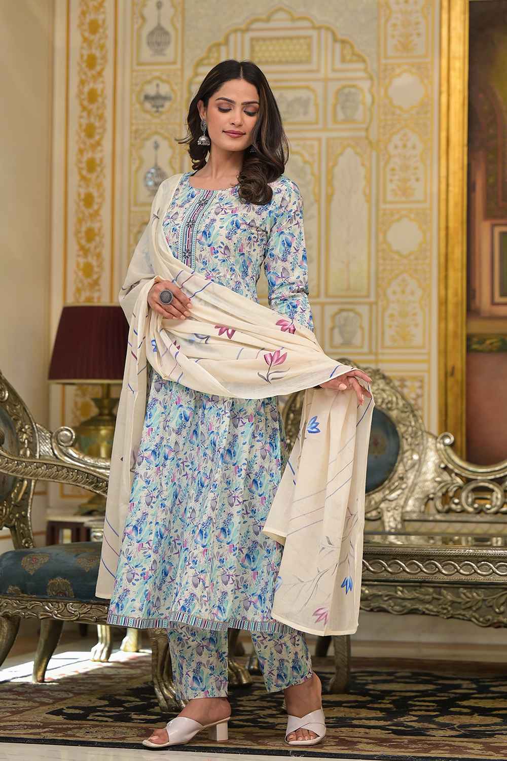 Blue Geometric Print Zari Work Pure Cotton Kurta Set