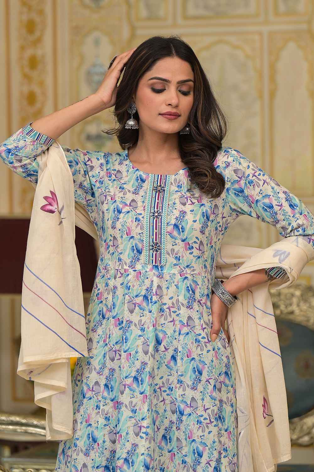 Blue Geometric Print Zari Work Pure Cotton Kurta Set