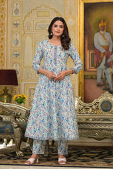 Blue Geometric Print Zari Work Pure Cotton Kurta Set