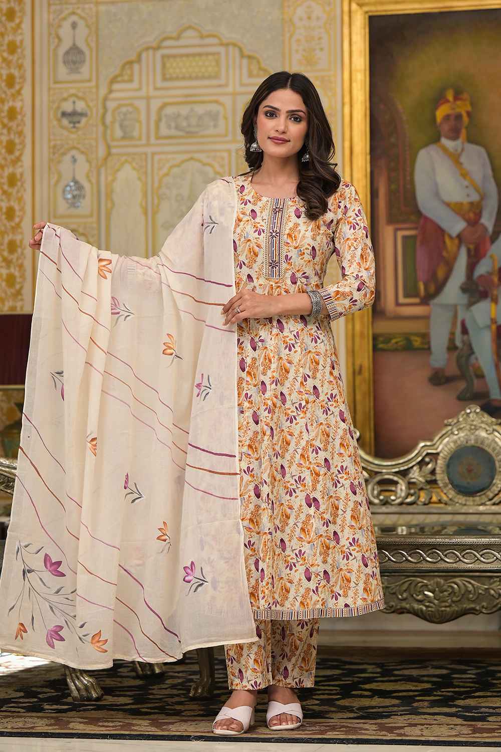 Yellow Geometric Print Zari Work Pure Cotton Kurta Set