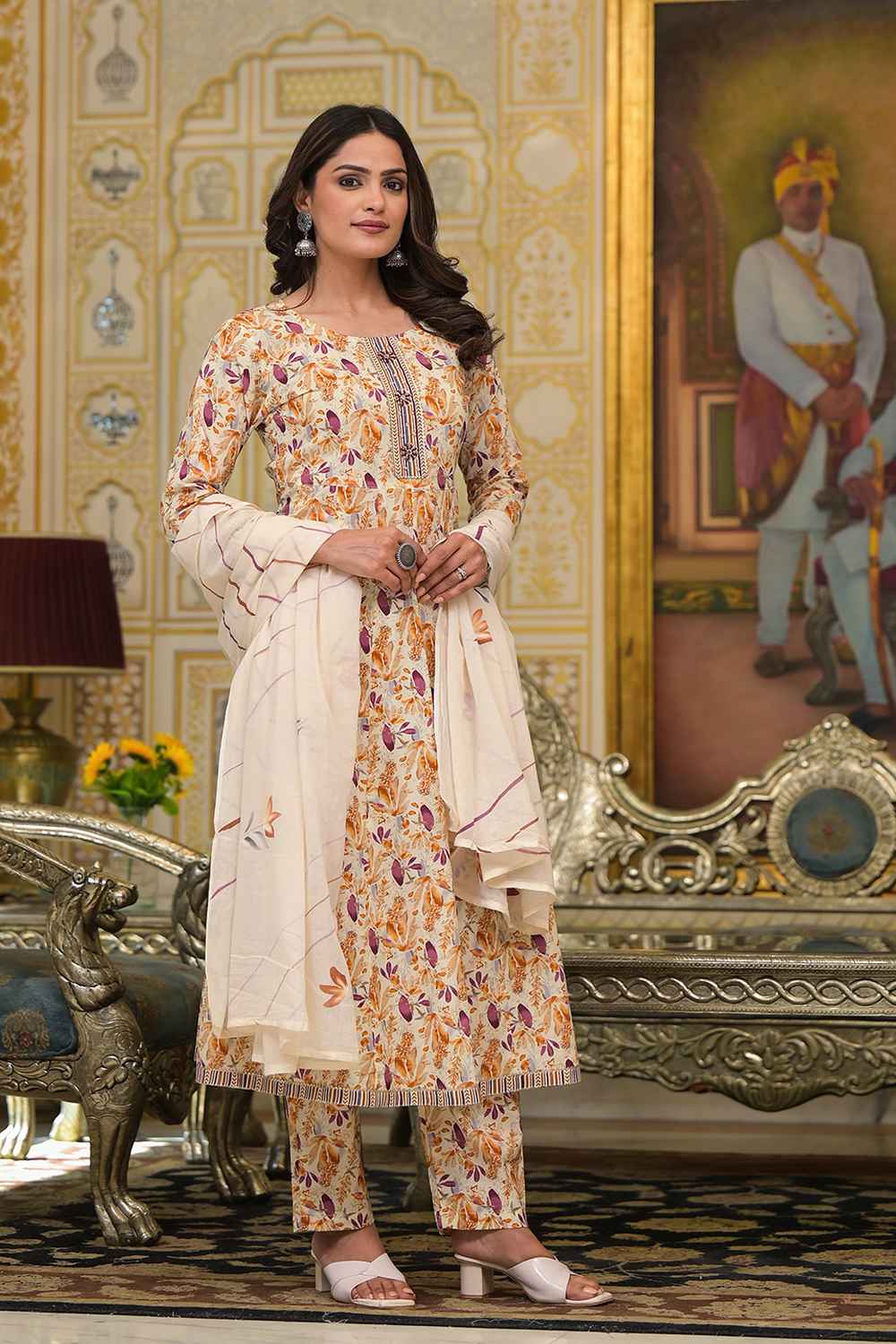 Yellow Geometric Print Zari Work Pure Cotton Kurta Set