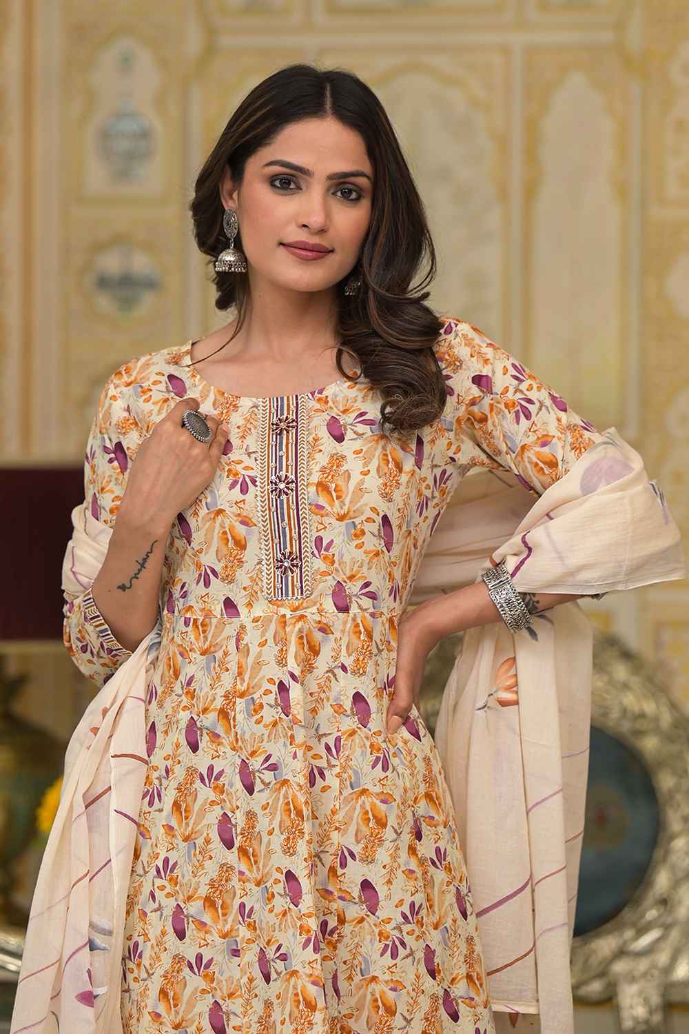 Yellow Geometric Print Zari Work Pure Cotton Kurta Set