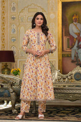 Yellow Geometric Print Zari Work Pure Cotton Kurta Set