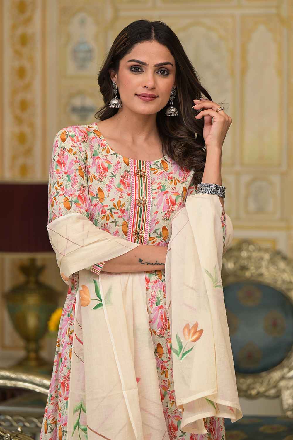 Pink Geometric Print Zari Work Pure Cotton Kurta Set