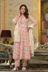 Pink Geometric Print Zari Work Pure Cotton Kurta Set