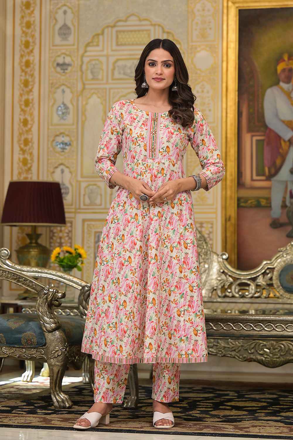 Pink Geometric Print Zari Work Pure Cotton Kurta Set