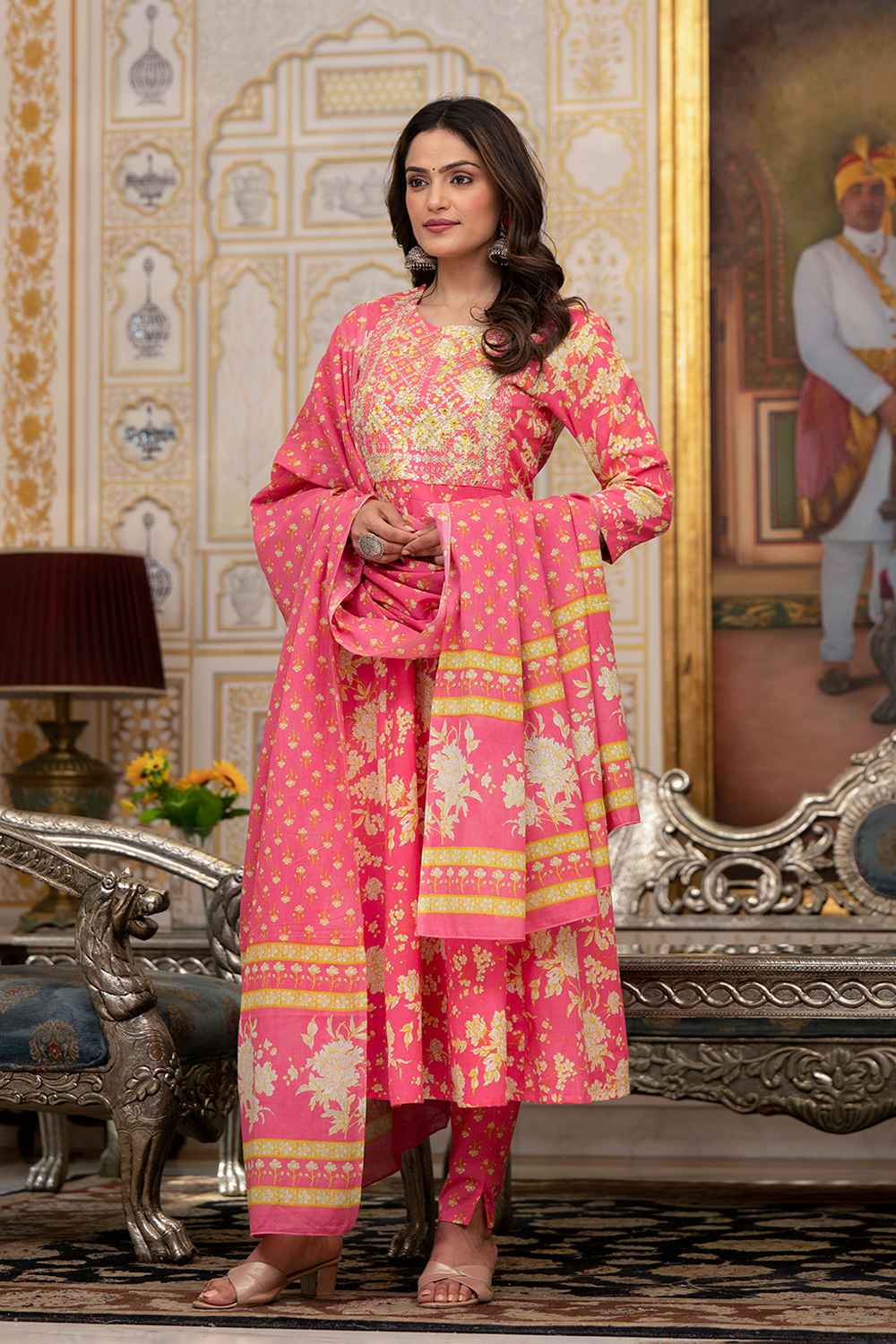 Pink Floral Print Zari Work Pure Cotton Kurta Set