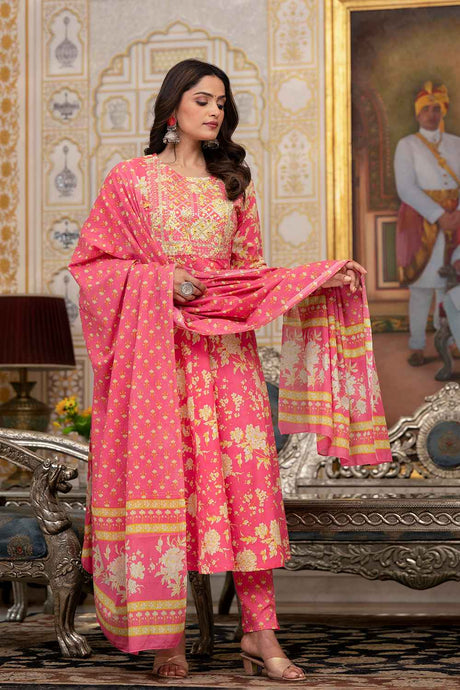 Pink Floral Print Zari Work Pure Cotton Kurti Set