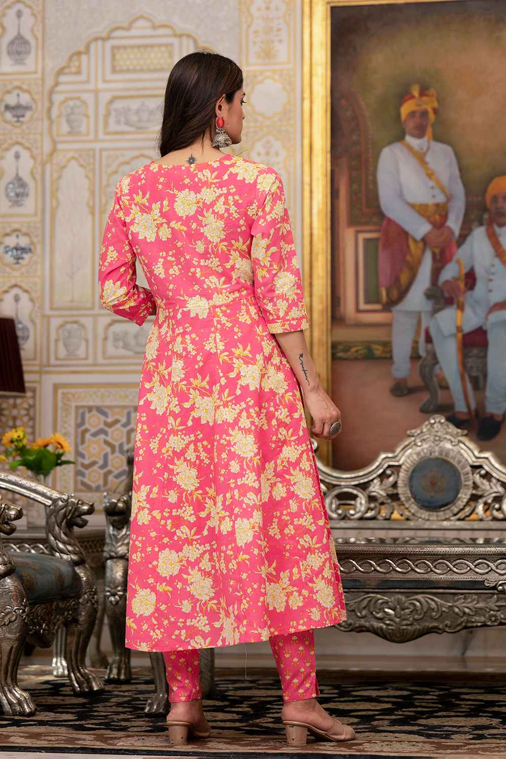 Pink Floral Print Zari Work Pure Cotton Kurti Set