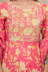 Pink Floral Print Zari Work Pure Cotton Kurta Set