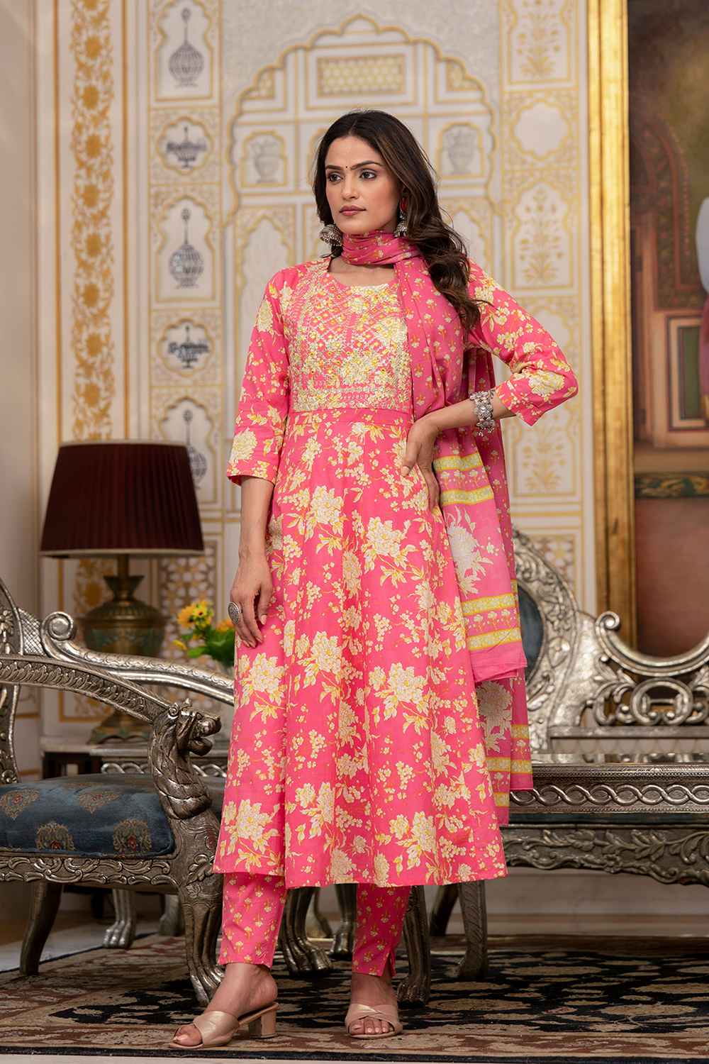 Pink Floral Print Zari Work Pure Cotton Kurti Set