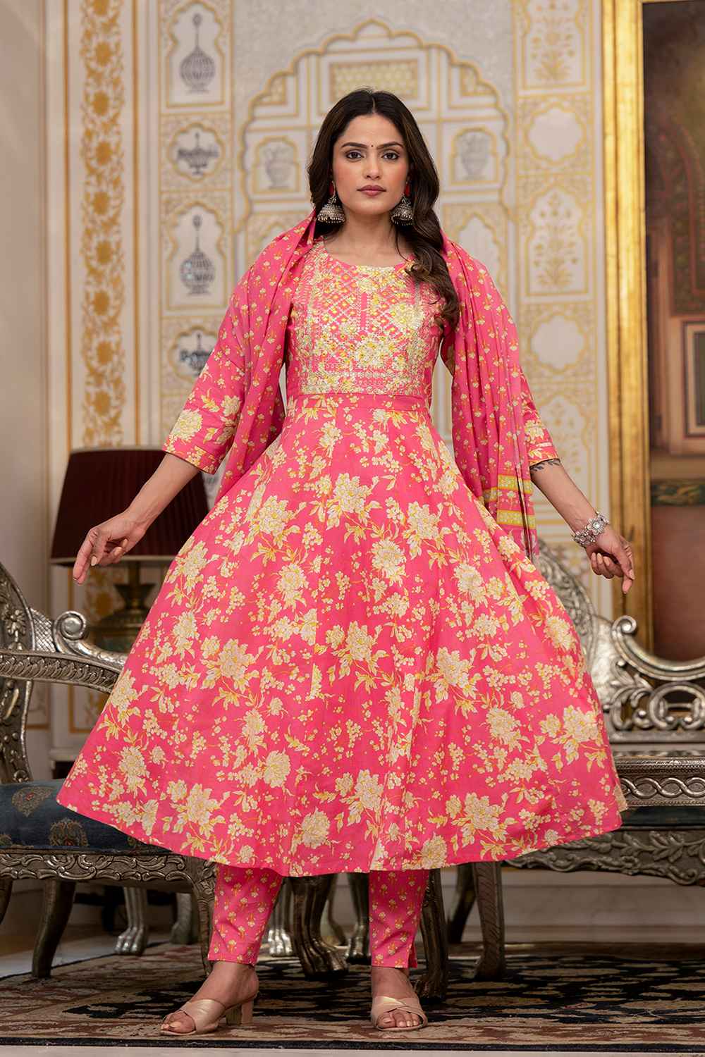 Pink Floral Print Zari Work Pure Cotton Kurta Set