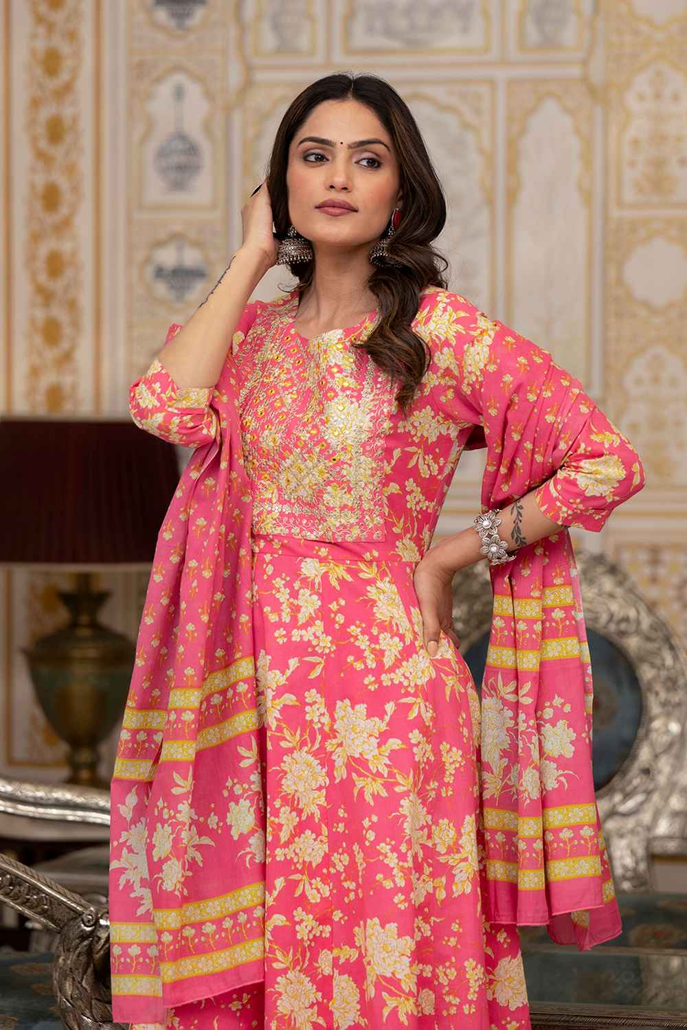 Pink Floral Print Zari Work Pure Cotton Kurta Set