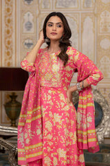 Pink Floral Print Zari Work Pure Cotton Kurti Set