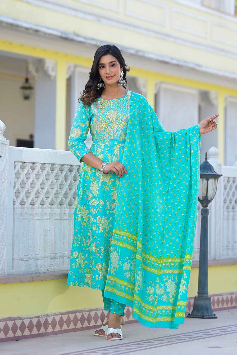 Turquoise Floral Print Zari Work Pure Cotton Kurta Set