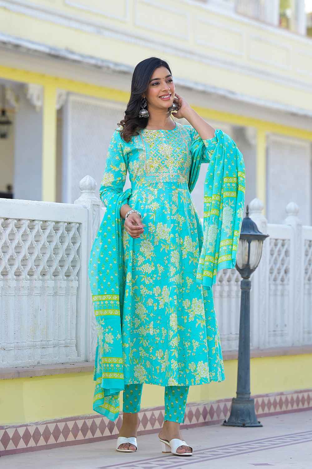 Turquoise Floral Print Zari Work Pure Cotton Kurti Set