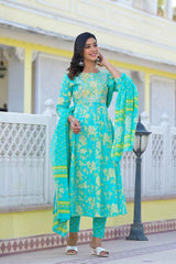 Turquoise Floral Print Zari Work Pure Cotton Kurta Set