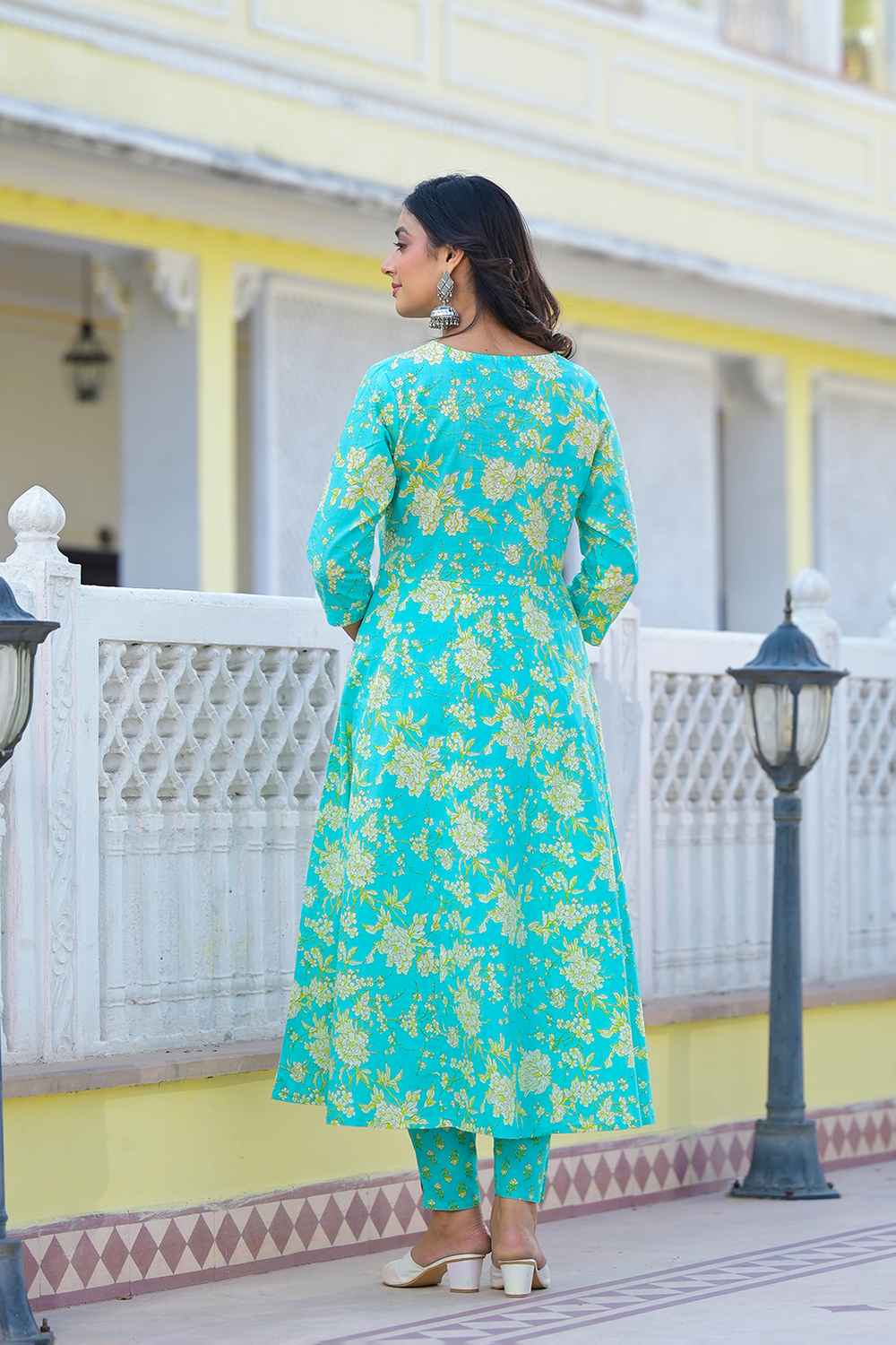 Turquoise Floral Print Zari Work Pure Cotton Kurta Set