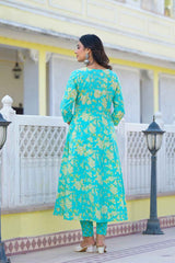 Turquoise Floral Print Zari Work Pure Cotton Kurti Set