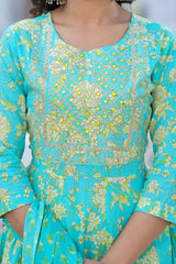 Turquoise Floral Print Zari Work Pure Cotton Kurti Set