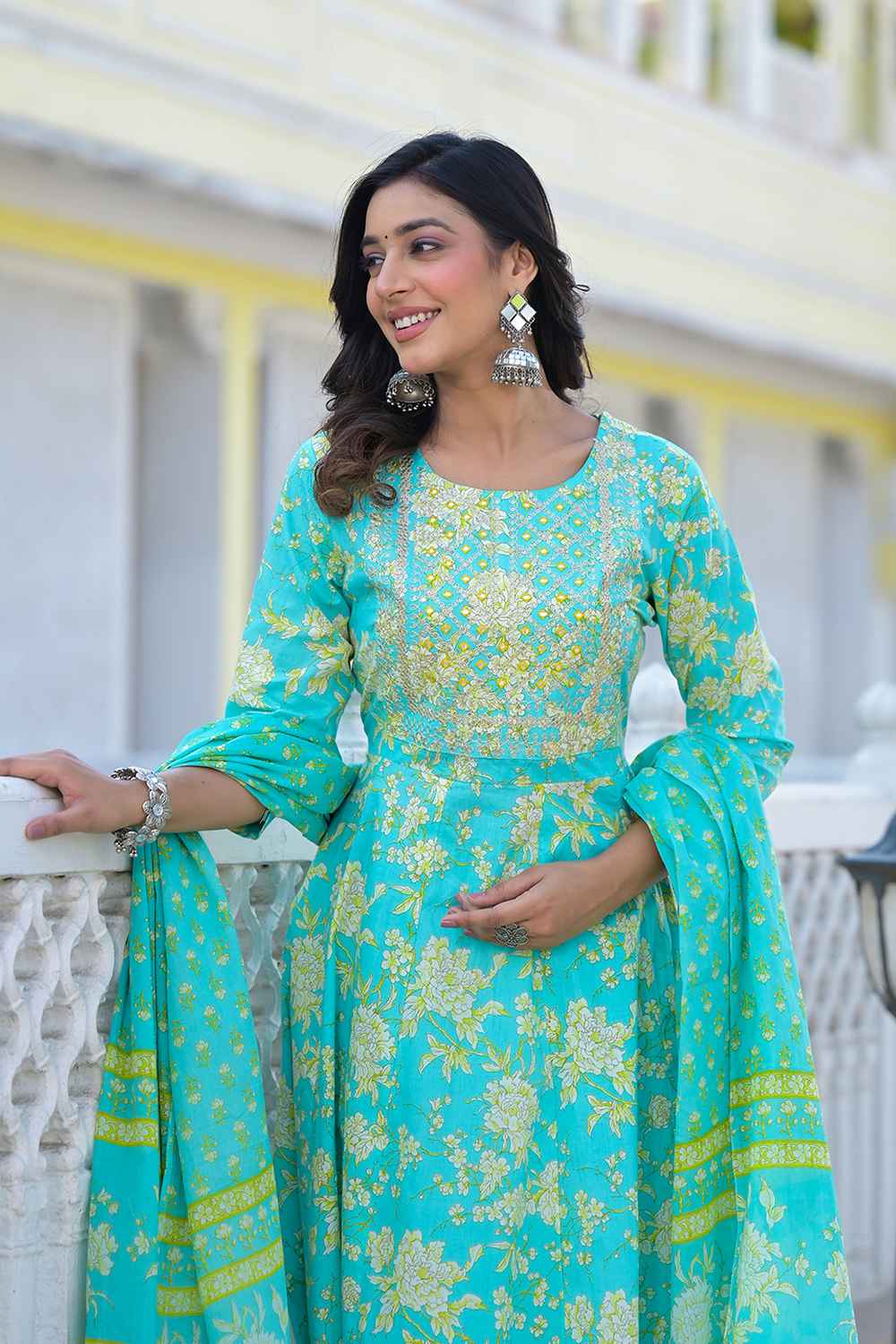 Turquoise Floral Print Zari Work Pure Cotton Kurti Set