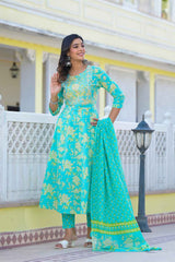 Turquoise Floral Print Zari Work Pure Cotton Kurta Set