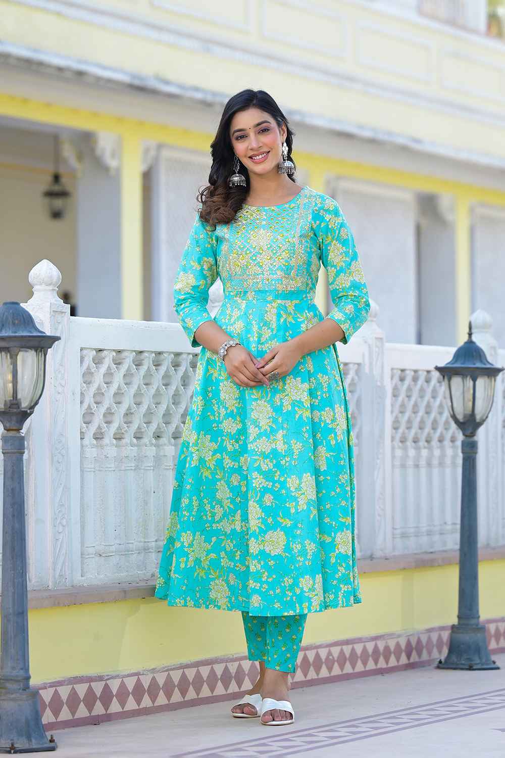 Turquoise Floral Print Zari Work Pure Cotton Kurti Set