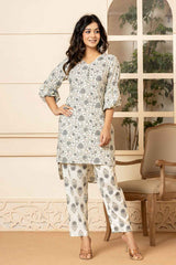 Grey Floral Print Cotton Co-Ord Sets