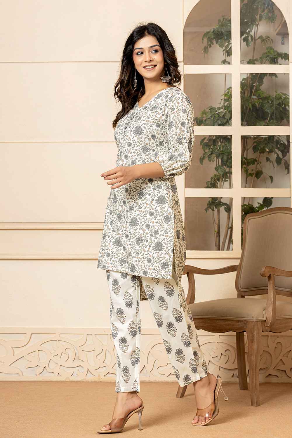 Grey Floral Print Cotton Co-Ord Sets