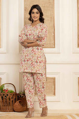 Beige Geometric Print Cotton Co-Ord Sets