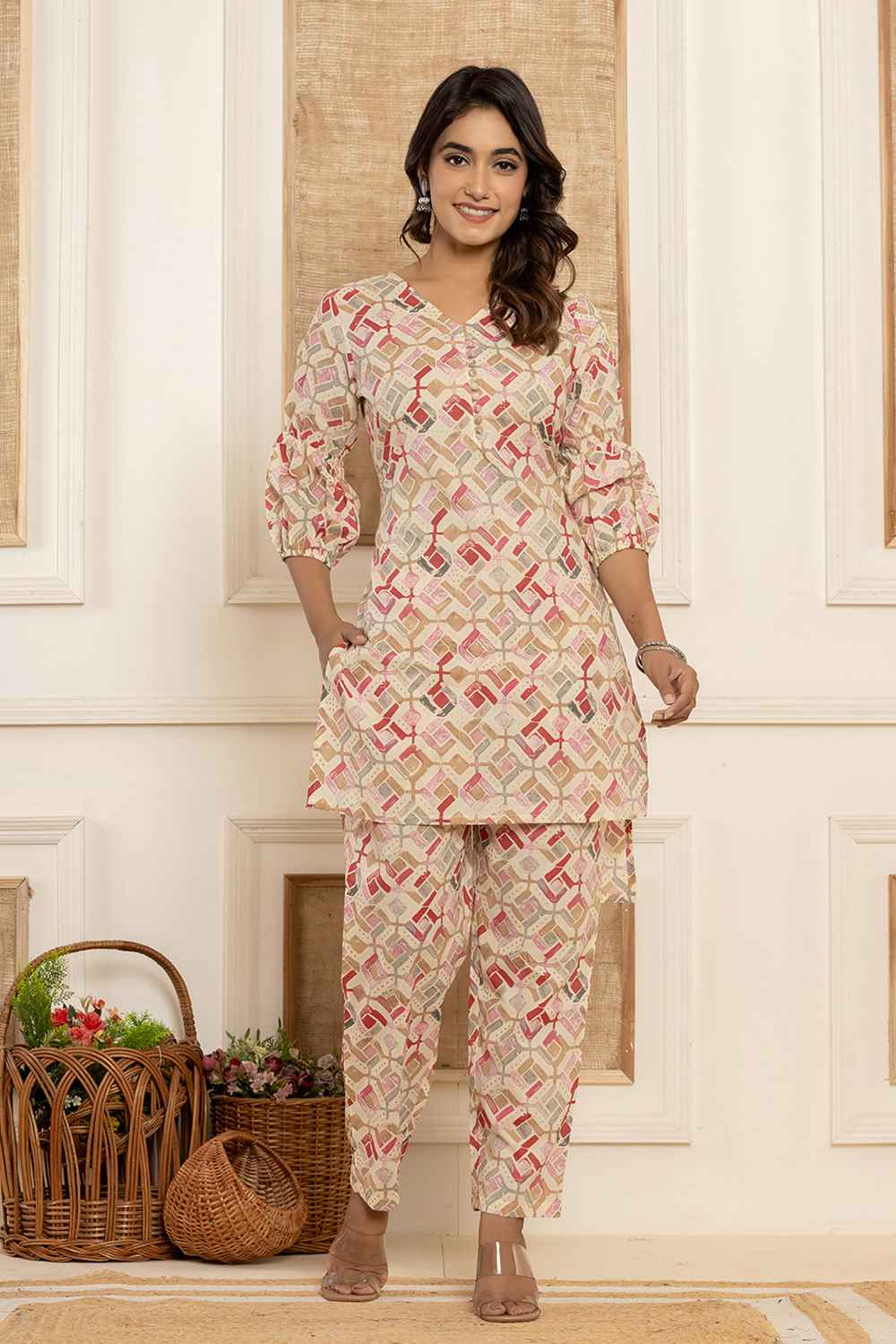 Beige Geometric Print Cotton Co-Ord Sets