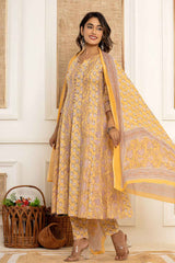 Yellow Floral Print Pure Cotton Kurti Set