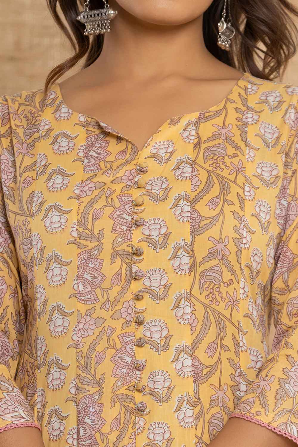 Yellow Floral Print Pure Cotton Kurti Set