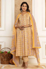 Yellow Floral Print Pure Cotton Kurta Set