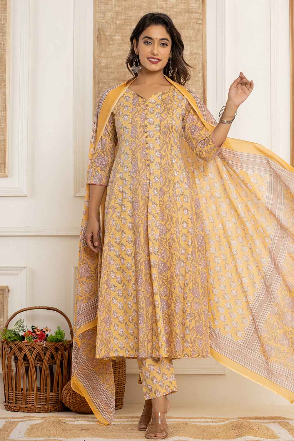 Yellow Floral Print Pure Cotton Kurti Set