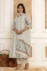 Beige Floral Print Pure Cotton Kurta Set