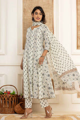 Beige Floral Print Pure Cotton Kurta Set