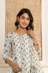 Beige Floral Print Pure Cotton Kurta Set