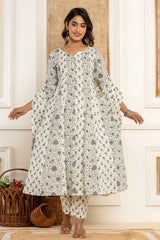 Beige Floral Print Pure Cotton Kurta Set